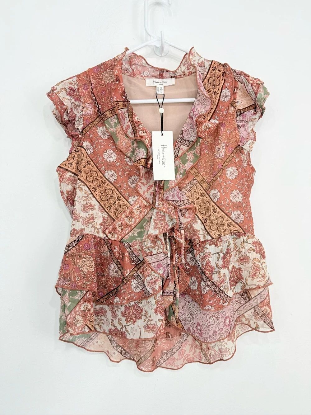 Haver + Blair Orange Patchwork Floral Print Ruffle Tie Front Boho Blouse NEW